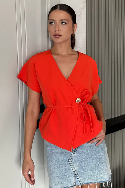 GÜLSELİ Orange Double Breasted Collar Waist Lace up Sleeveless Short Jacket