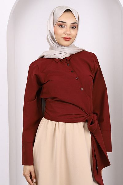 İmajButik Burgundy Waist Tie Crop Shirt
