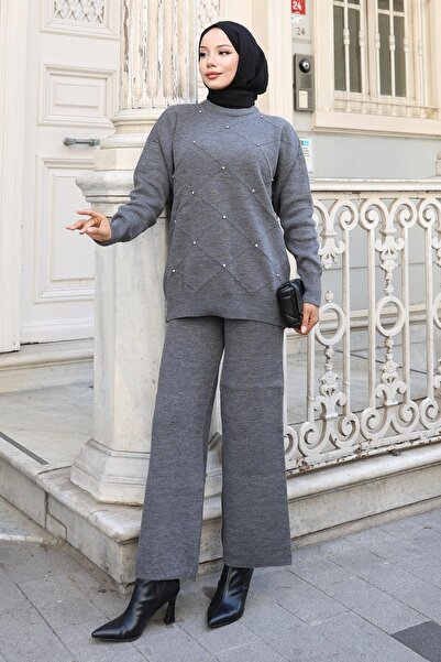 Modamihram Трикотажен комплект с камъни, сив 6148