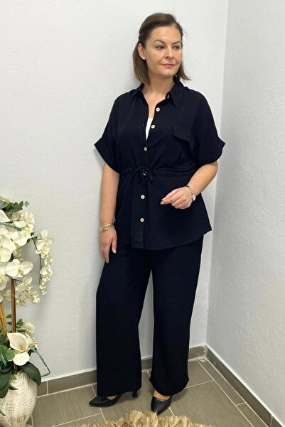 Mia Butik Women's Black Front Gather Detailed Linen Suit