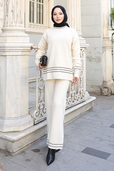 Modamihram Stripe Detailed Knitwear Set White 6151