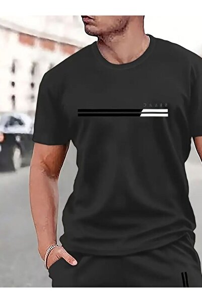 Marco Fresco Erkek Siyah Paris Çizgili Şort T-Shirt Takım