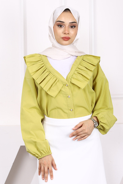 İmajButik Oil Green Collar Ruffle Button Shirt