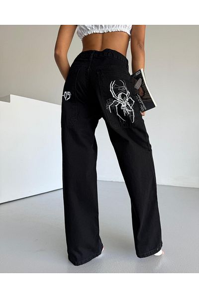 Touz Moda Black Embroidered Retro Spiderpunk Wide Leg Pants