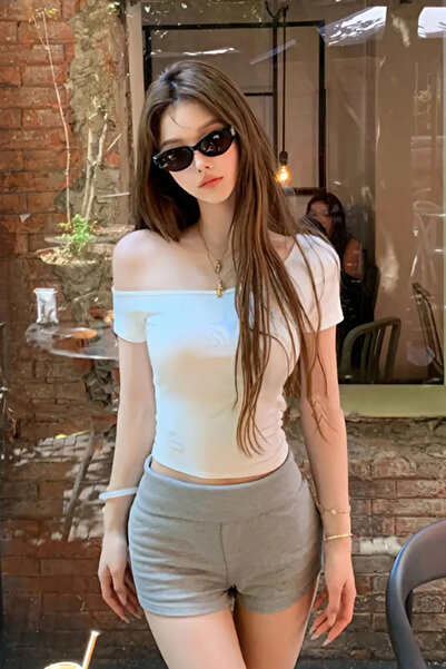 COOL TARZ White Women's Off Shoulder Boat Neck Tight/Slim Lycra T-Shirt