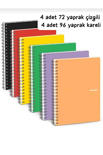 ÇEÇEN HOME مجموعة دفاتر مدرسية مقاس A4 مكونة من 8 قطع بغطاء حلزوني من البولي بروبيلين (4 قطع مكونة من 72 ورقة مسطرة + 4 قطع مكونة من 96 ورقة مربعة)