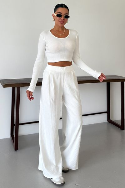 MODAGEN Women's White Round Neck Blouse Bottom-Top Pants Interlock Suit