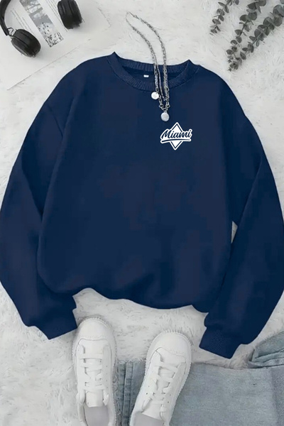 Sweetline Unisex Navy Blue Minimal Miami Printed Crew Neck Sweatshirt - Winter Embossed Fabric