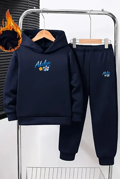 CLAYES Kids Hooded Tracksuit Set – Navy Blue Aloha Floral Printed Sweat & Jogger