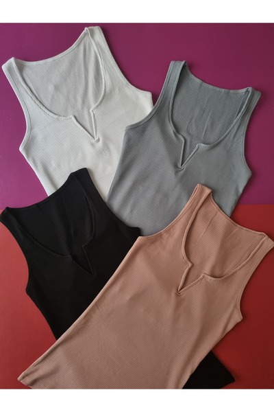 Demirsa Boutique Modelled, Ribbed Camisole Fabric Wide Strap V Neck 4-Piece Blue, Powder, Black and White Women's Singlet