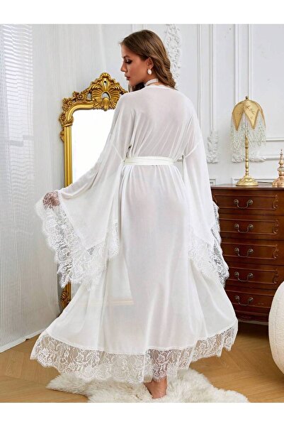 Jermo Women's Bat Sleeve and Skirt Lace Detailed Belt Fashionable and Elegant Long Chiffon Dressing Gown