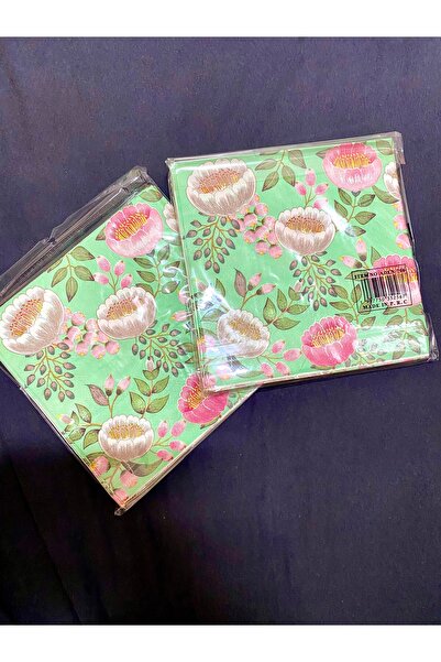 Store 48’li Renkli Yeşil Üzeri Pembe Beyaz Çiçek Peçete Dekoratif Desenli Doğ...