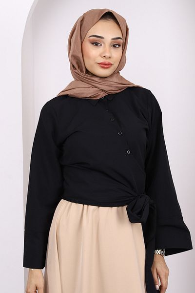 İmajButik Black Waist Tie Crop Shirt