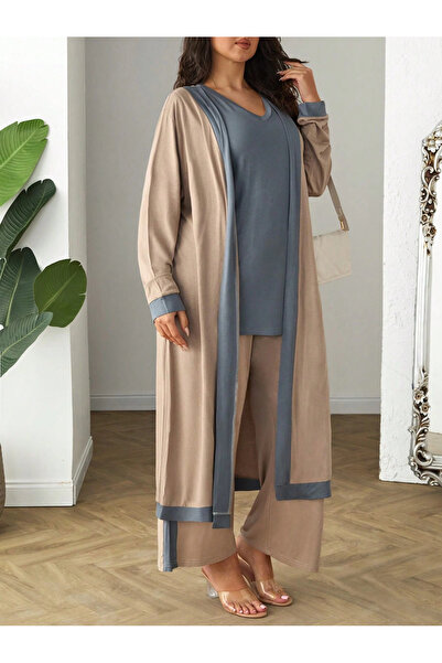 ModaSehle Plus Size 3-Piece Long Sleeve Cardigan Undershirt Bottom Stripe Viscose Suit