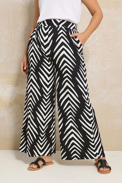 Stil Diva Large Size Patterned Wide Leg Trousers with Elastic Waist and Pockets 310140