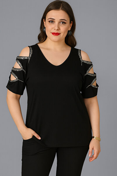 Curvy Trend Plus Size Laser Sequin Blouse with Shoulders