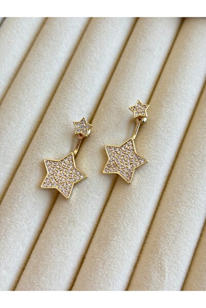 lotusbybuket 14 Atar Gold Color Vip Steel Zirconium Double Star Earrings