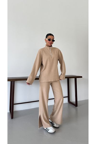 MODAGEN Women's Beige Half Zipper Stand Collar Sweatshirt with Bottom-Top Pants Set