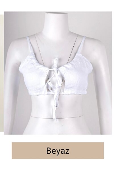 Çeşme Home Linen Lace-Up Crop Top with Adjustable Straps, Gipeli Back Detail, Summer Women's Blouse