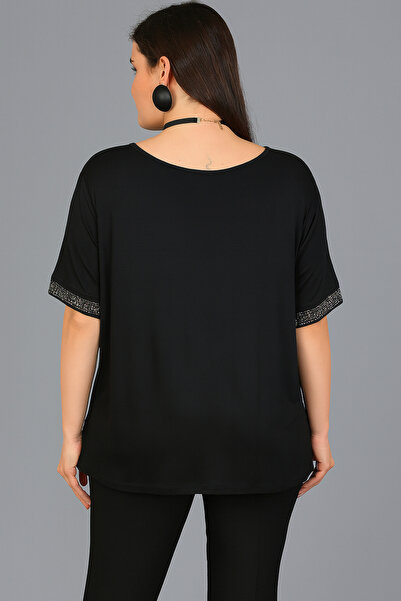 Curvy Trend Plus Size Chest and Sleeve Edge Rug Pattern Short Sleeve Blouse with Stones