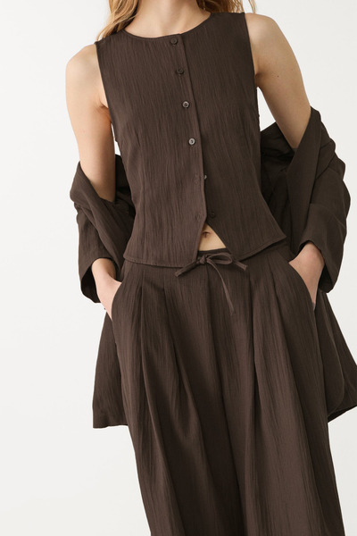 VODENS Linen Modal Blend Loose Cut Elastic Waist Brown Trousers