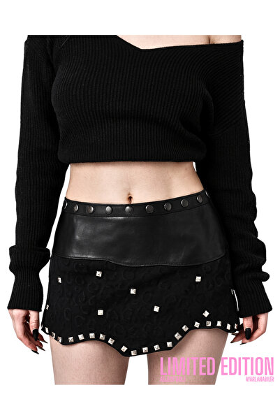 AGA Kadın Siyah Leopar Detaylı Deri Etek