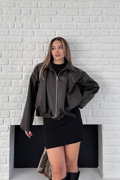 MANMARK Women's Black Leather Jacket – Oversize Crop Leather Coat, Zippered Relaxed Fit, New Season Trend Stylish Coat