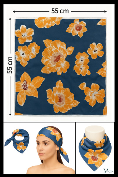 MAZEN Navy Blue Floor Yellow Floral Bandana |   55X55Cm |   Satin Square Scarf |   Women's Hair Accessory