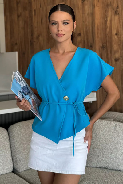 GÜLSELİ Blue Double Breasted Collar Waist Lace up Sleeveless Short Jacket