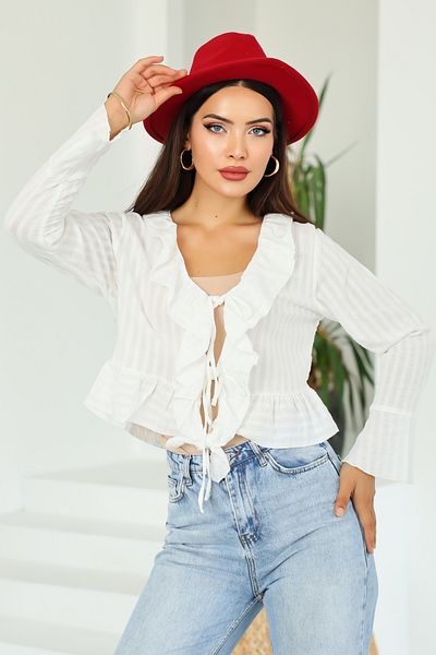 Kübra Tekstil White Regular Fit Tie-Up Crinkle Textured Women's Blouse, Tie-Up Front Blouse, White Blouse