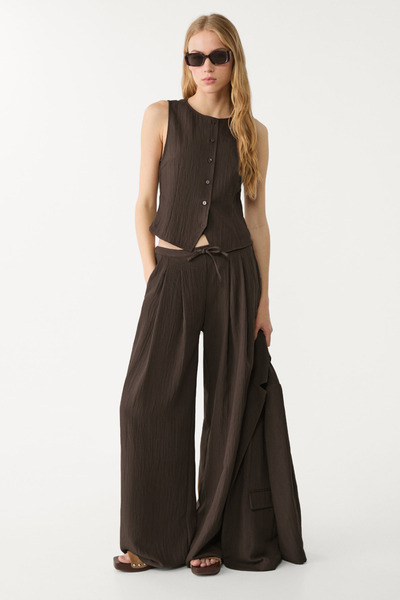 VODENS Coffee Linen Modal Blend Button Top and Pants Suit