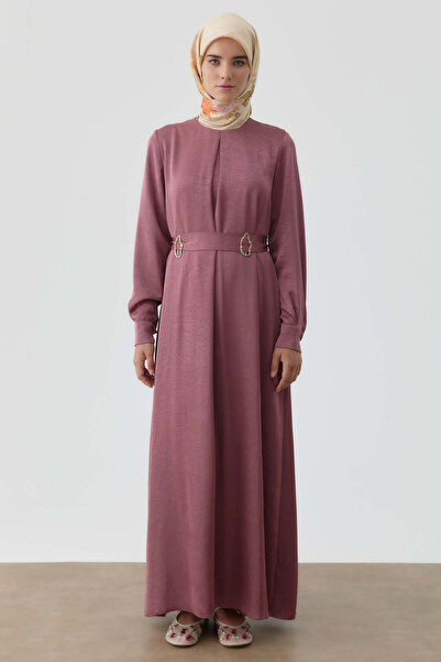 Tuğba Plikaşe Detaylı Kemerli Elbise - Marsala