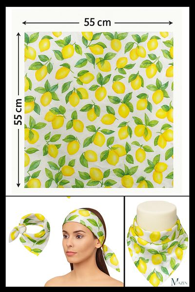 MAZEN Yellow Lemon Patterned Bandana with Green Leaves |   55X55Cm |   Satin Square Scarf |   Women's Accessories