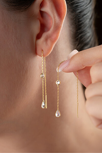 Silvano Jewelry 925 Ayar Gümüş Çift Taş Zincir Küpe