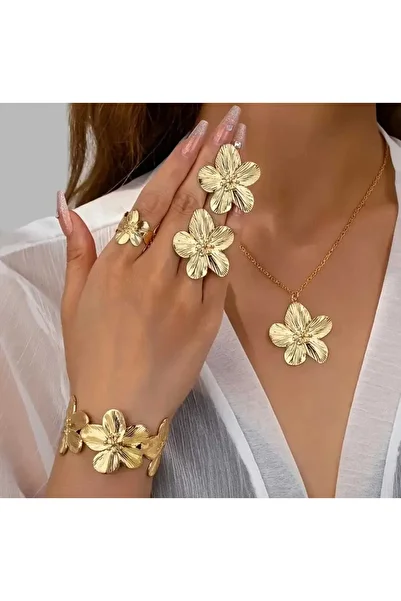 beyna aksesuar Gold Plated Necklace Earrings Bracelet Ring Set Gift Set Gift for Lover Gift for Mom