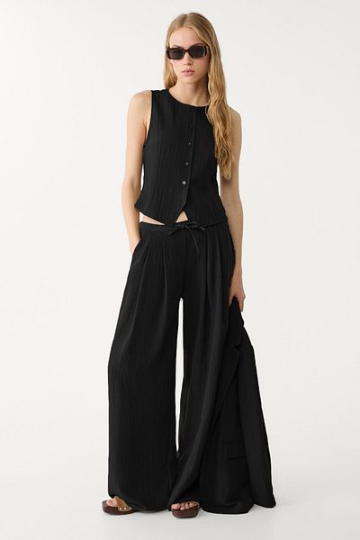 VODENS Linen Modal Blend Loose Cut Elastic Waist Black Trousers
