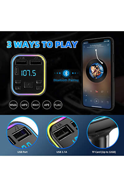 Zen Store Car Bluetooth 5.0 FM Transmitter PD Type-C Dual USB 3.1 A Fast Charger