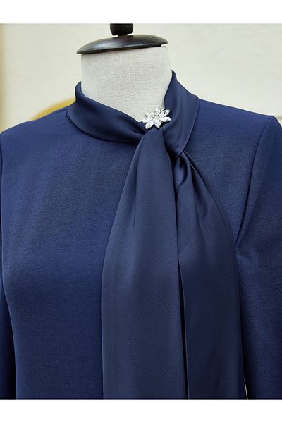 Modamorfo Crepe Dress with Scarf Collar, Brooch Detail and Sleeve Laces - Navy