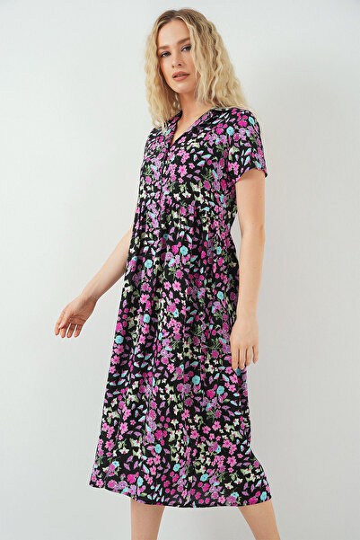 Naliru Kısa Kol Boydan Düğmeli Çıtır Çiçek Desenli Diz Altı Midi Boy Gömlek Y...