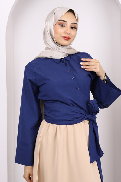 İmajButik Navy Blue Waist Tie Crop Shirt