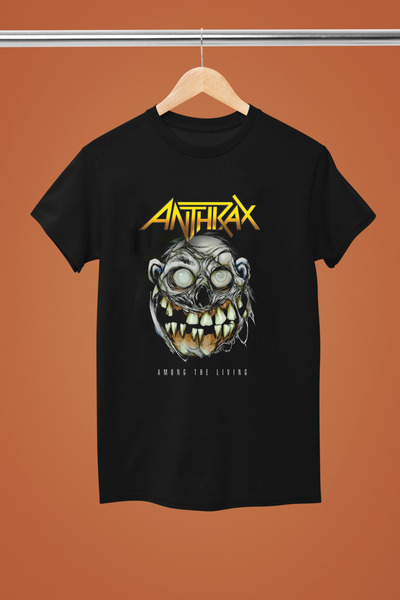 MAGORS تيشيرت روك من القطن مطبوع عليه أنثراسكس بأكمام قصيرة وقصة عادية