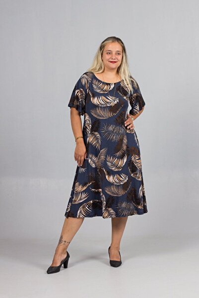 Truva XXL Plus Size Crew Neck Leaf Pattern Navy Blue Dress
