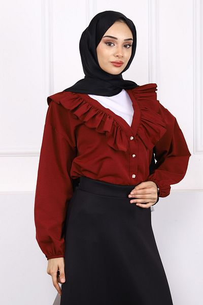 İmajButik Burgundy Collar Ruffled Button Shirt
