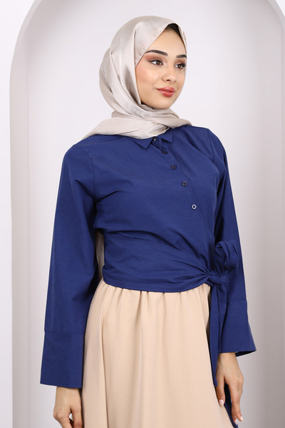 İmajButik Navy Blue Waist Tie Crop Shirt
