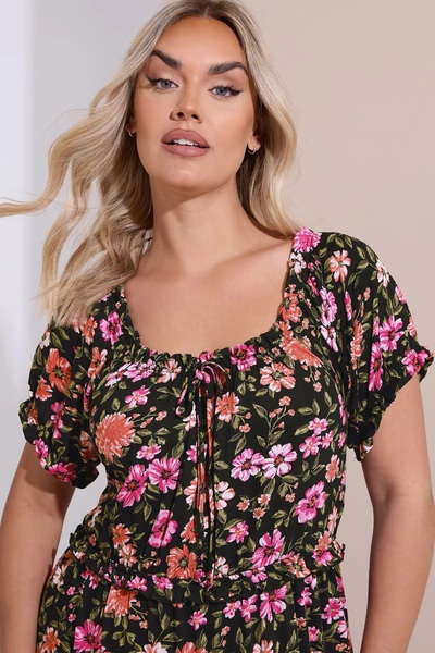 Stil Diva Plus Size Short Sleeve Floral Print Gathered Neckline Maxi Dress 270237