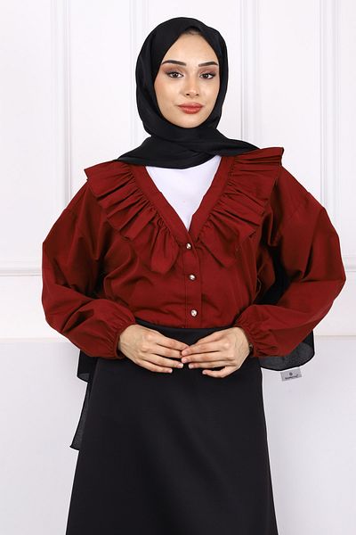 İmajButik Burgundy Collar Ruffled Button Shirt
