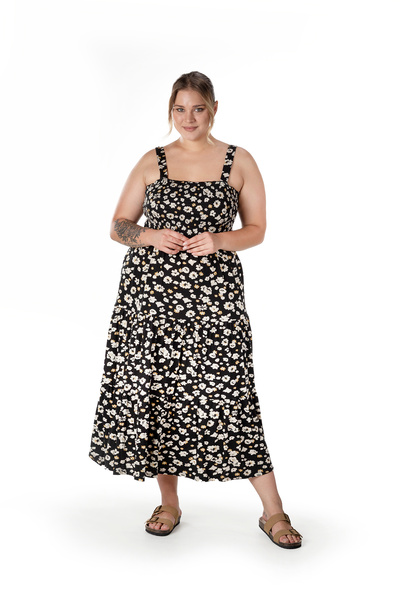 Stil Diva Plus Size Floral Pattern Thick Strap Elastic Waist Dress T-83