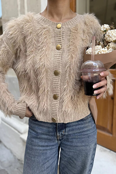 GÜLSELİ Beige Bearded Women's Knitwear Cardigan