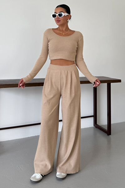 MODAGEN Women's Beige Round Neck Blouse Bottom-Top Pants Interlock Suit