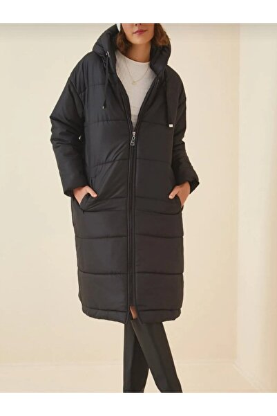 ALPACO Fixed Hooded Long Coat with Bird's Eye Detail -Black -Collection